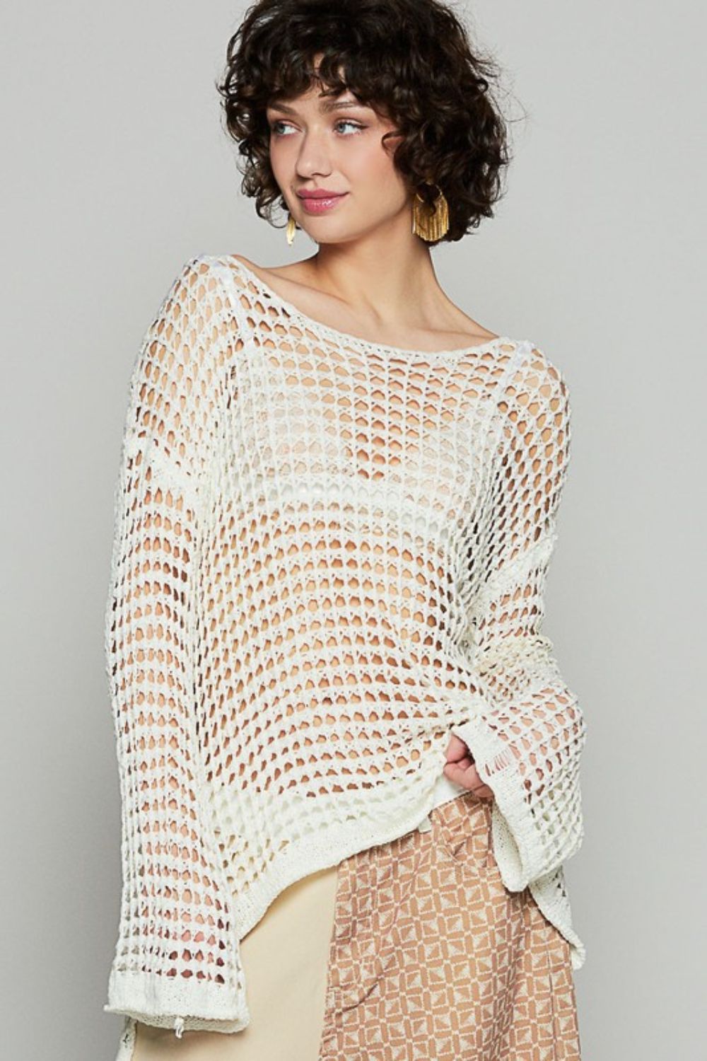 POL Side Slit Openwork Long Sleeve Knit Cover Up Main image