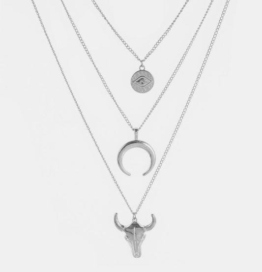 Alloy Three-Layered Bull Head Pendant Necklace - felvior
