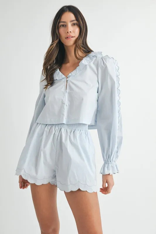 MABLE Long Sleeve Scallop Blouse and Shorts Set - felvior