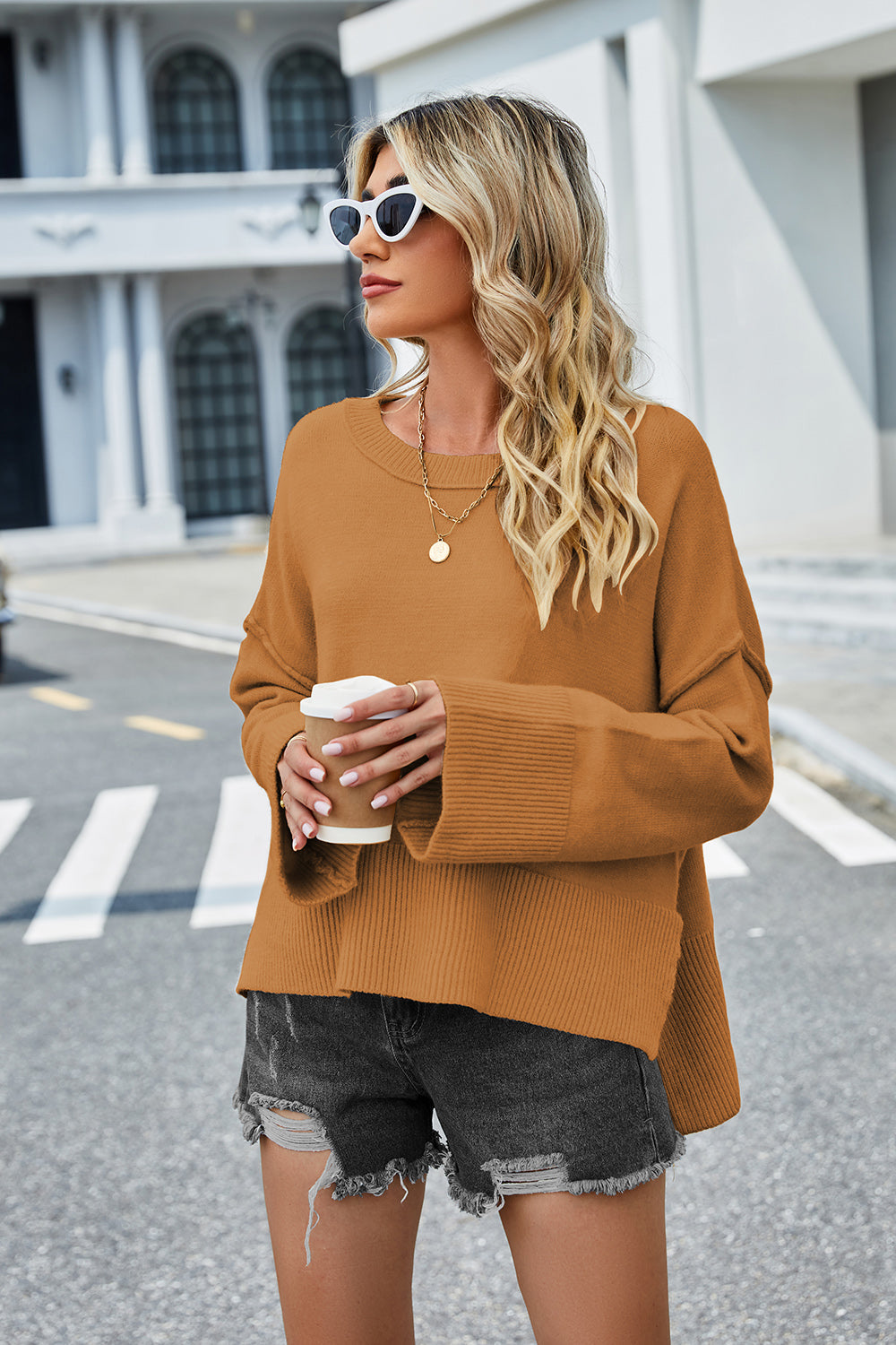 High-Low Slit Round Neck Long Sleeve Sweater - felvior