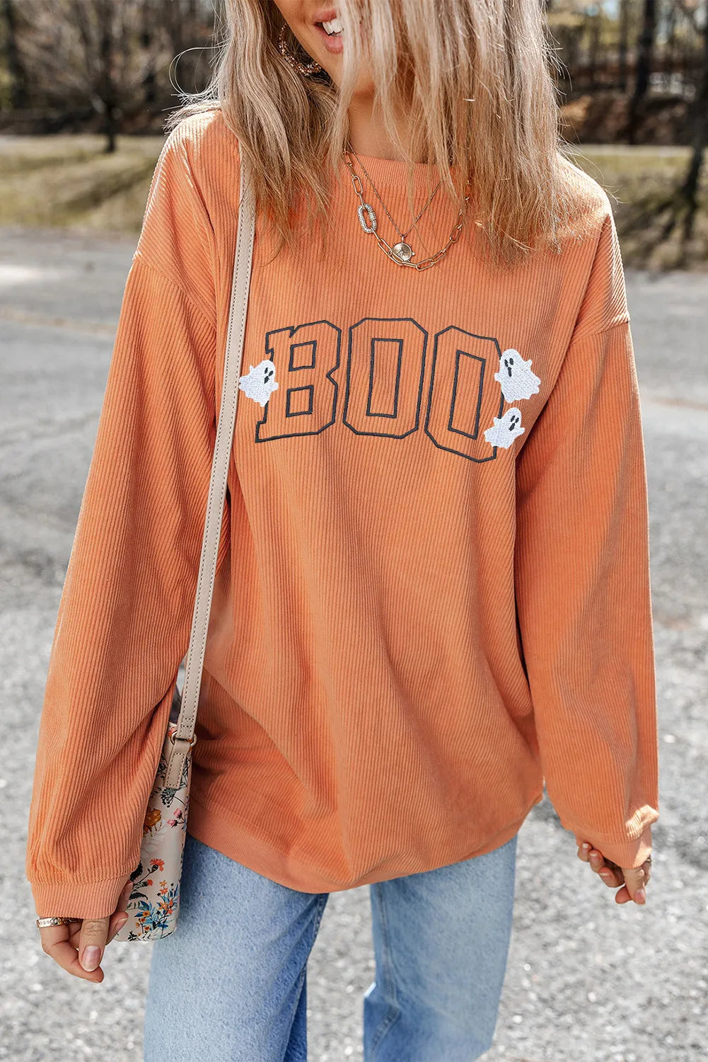 BOO Round Neck Long Sleeve Sweatshirt - felvior