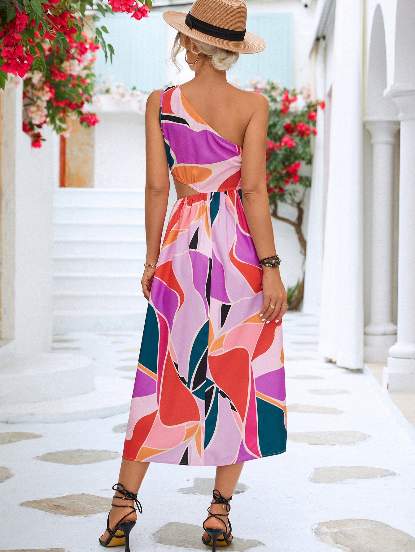 Printed Cutout One-Shoulder Sleeveless Dress - felvior