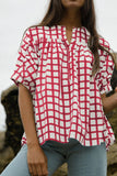 Plaid Button Detail Half Sleeve Blouse - felvior