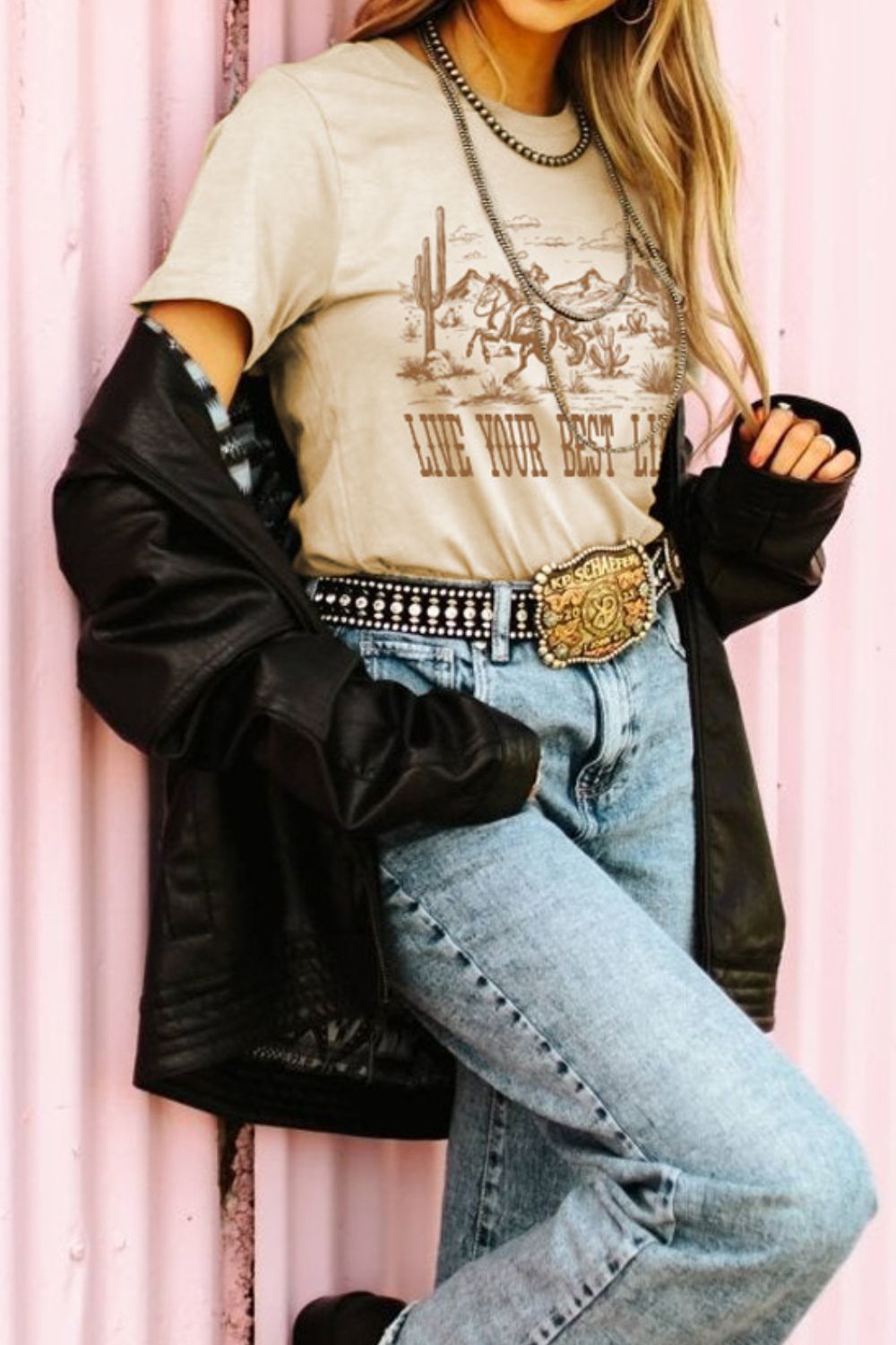 LIVE YOUR BEST LIFE Western Grafik Kurzarm T-Shirt Zweitbild