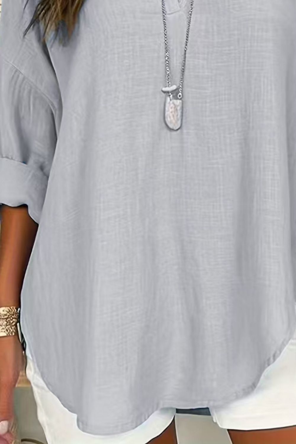 Solid Color Notched Long Sleeve Blouse - felvior