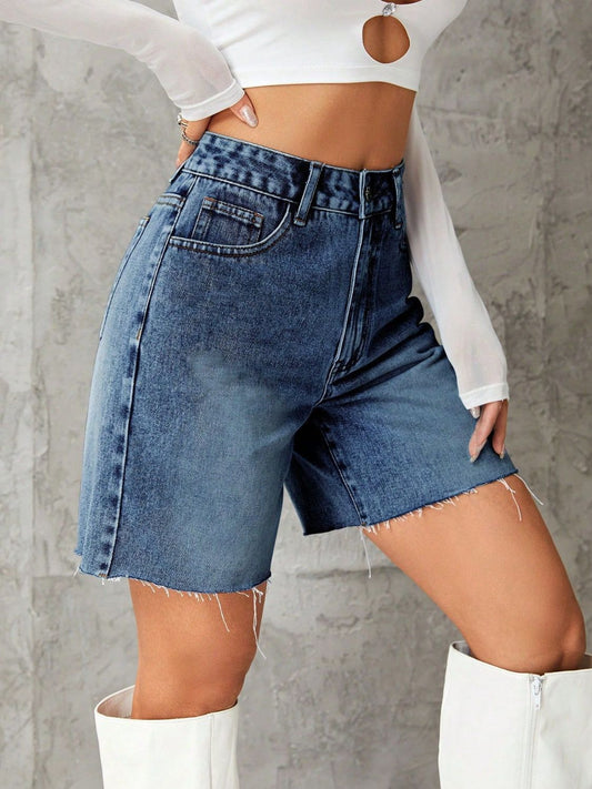 Frayed Hem Denim Shorts - felvior