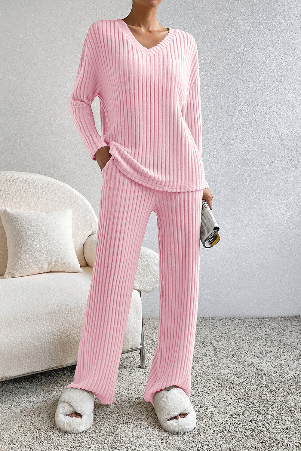 Ribbed V-Neck Top and Pants Lounge Set - felvior