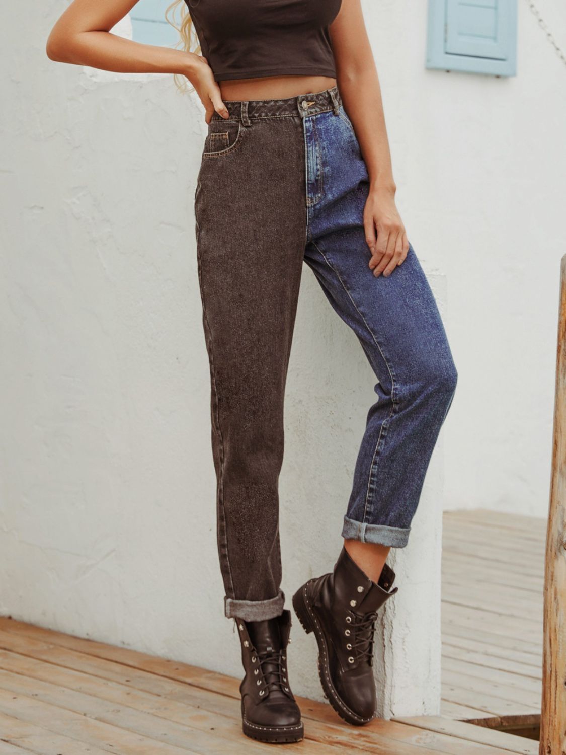 Two Tone Straight Leg Jeans - felvior