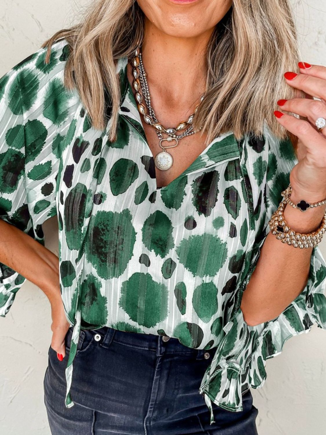 Printed Tie Neck Three-Quarter Sleeve Blouse - felvior