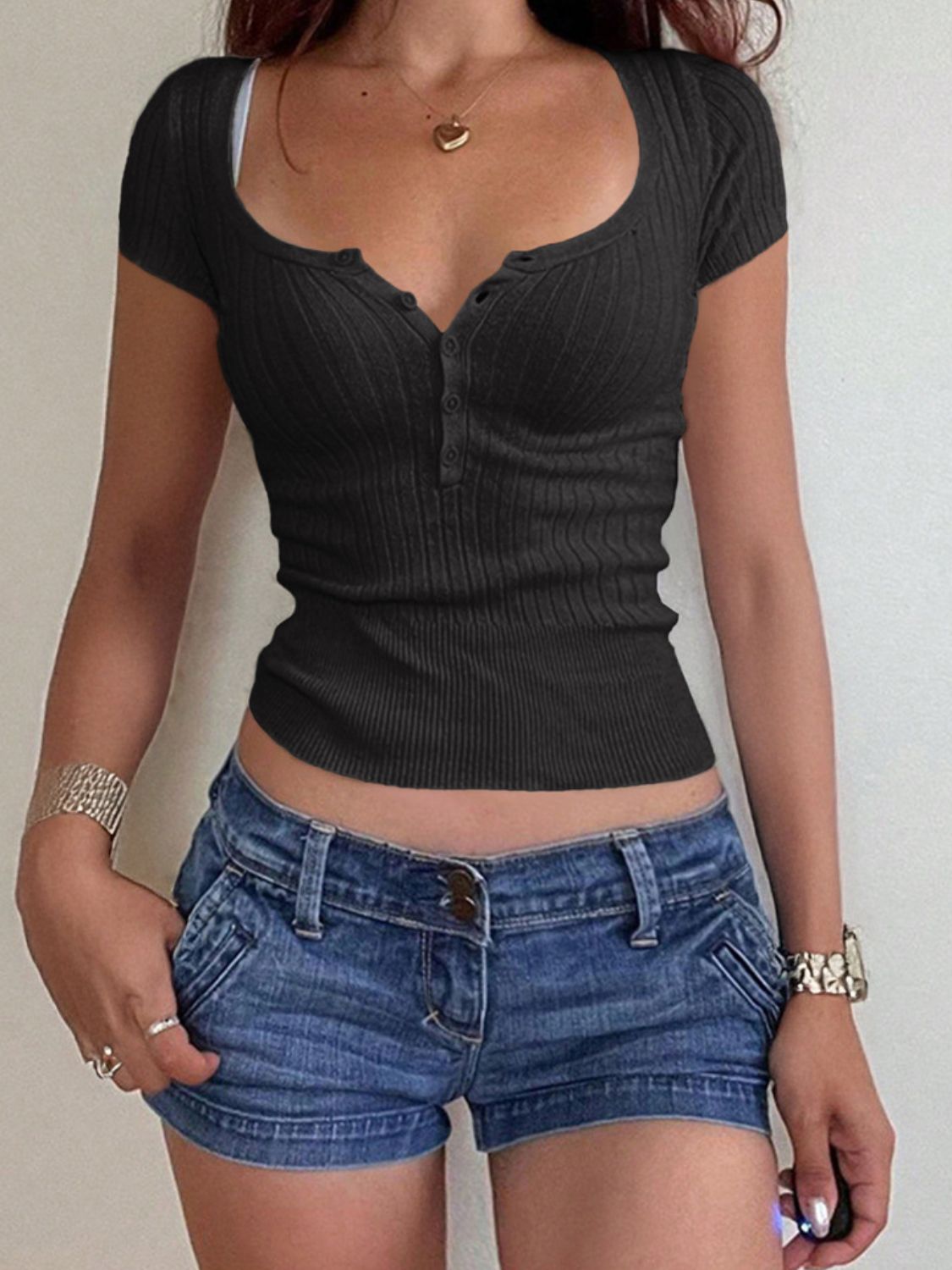 Half Button Scoop Neck Short Sleeve Knit Top - felvior