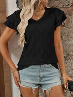 Eyelet V-Neck Ruffled Cap Sleeve Top