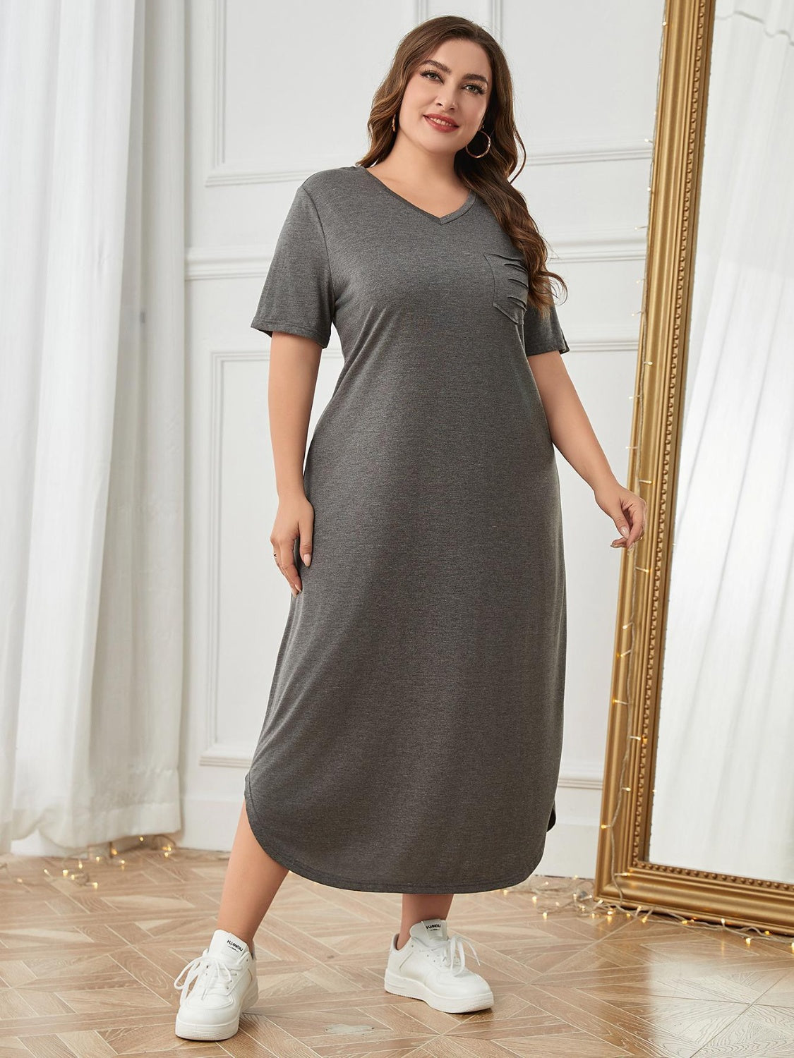 Plus Size Pocketed V-Neck Short Sleeve Lounge Dress - felvior