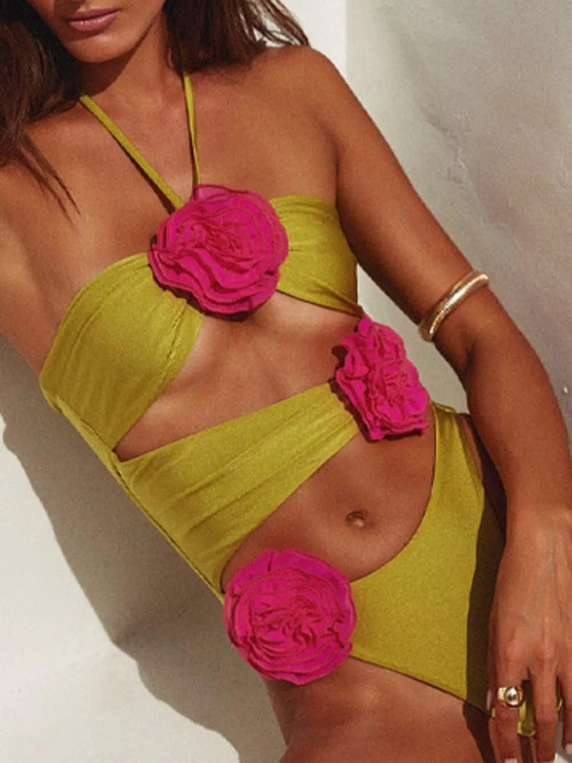 Flower Cutout Halter Neck One-Piece Swimwear - felvior