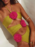 Flower Cutout Halter Neck One-Piece Swimwear - felvior