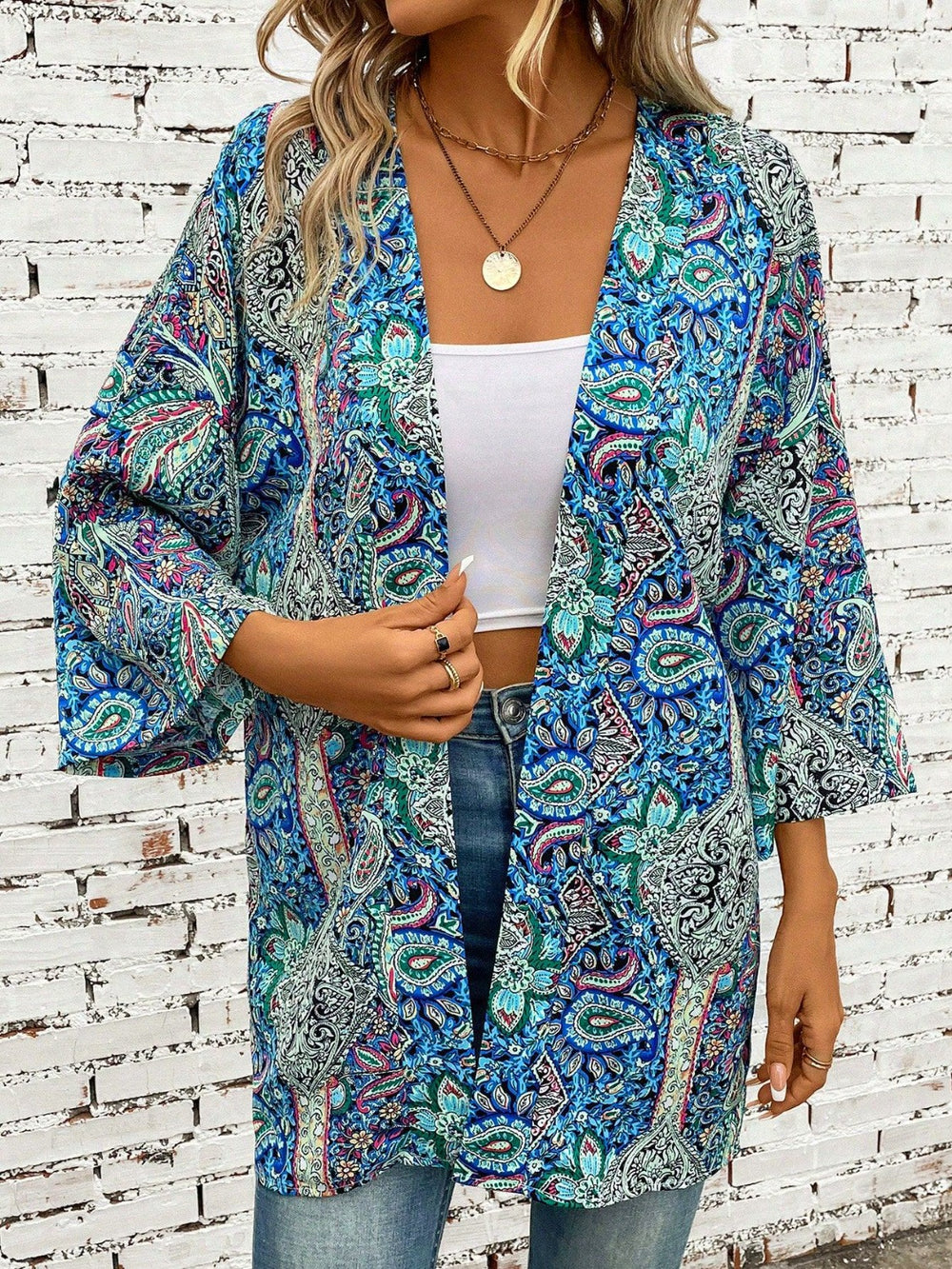 Printed Open Front Three-Quarter Sleeve Cover Up - felvior
