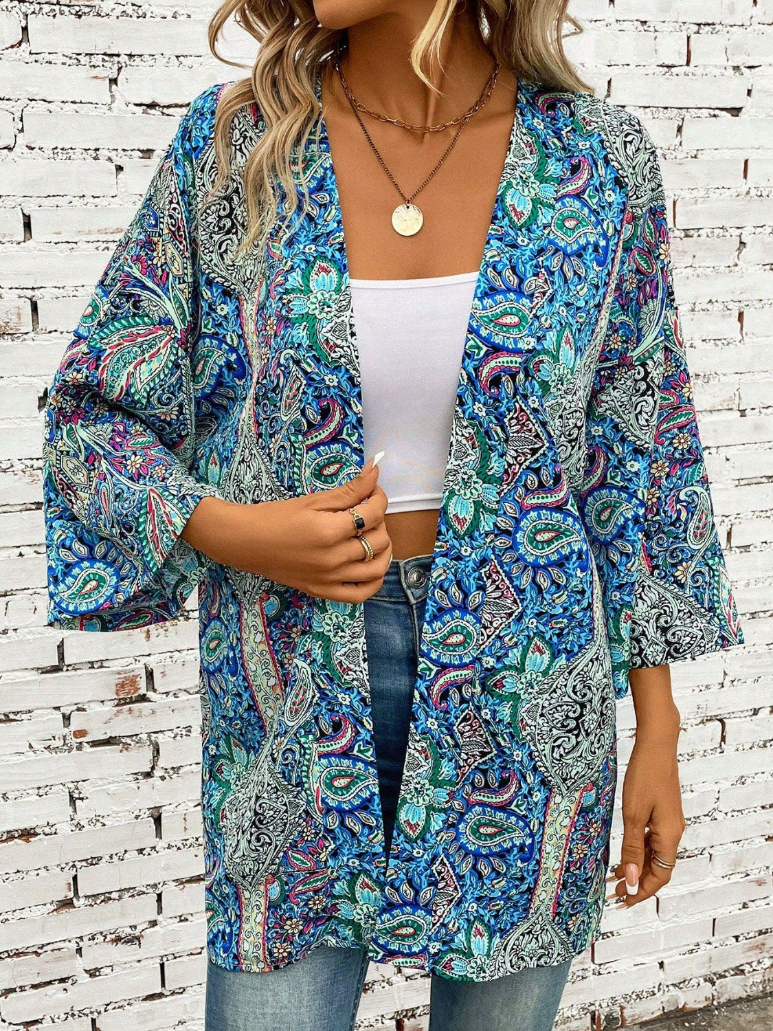 Printed Open Front Three-Quarter Sleeve Cover Up - felvior