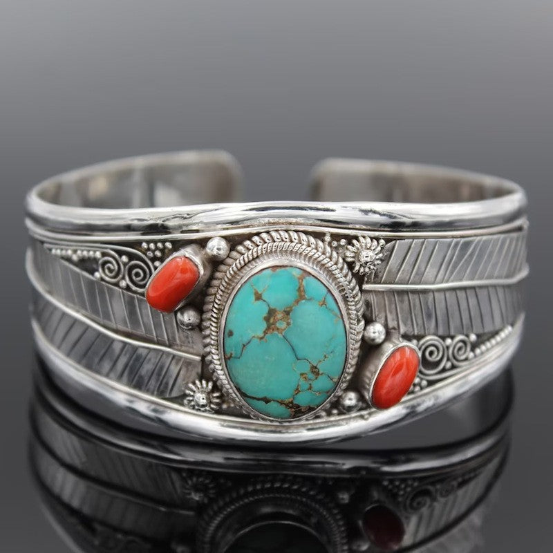 Artificial Turquoise Alloy Open Bracelet - felvior