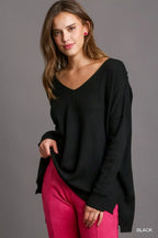 Umgee V-Neck High Low Hem Knit Top with Side Slit
