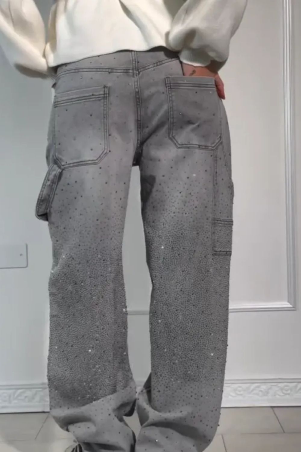 Full Size Washed Rhinestone Detail Wide leg Jeans Plus Size