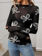 Printed Mock Neck Long Sleeve Mesh T-Shirt