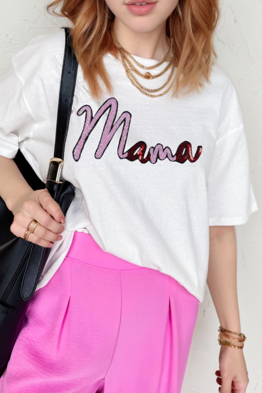 MAMA Sequin Round Neck Short Sleeve T-Shirt Hauptbild