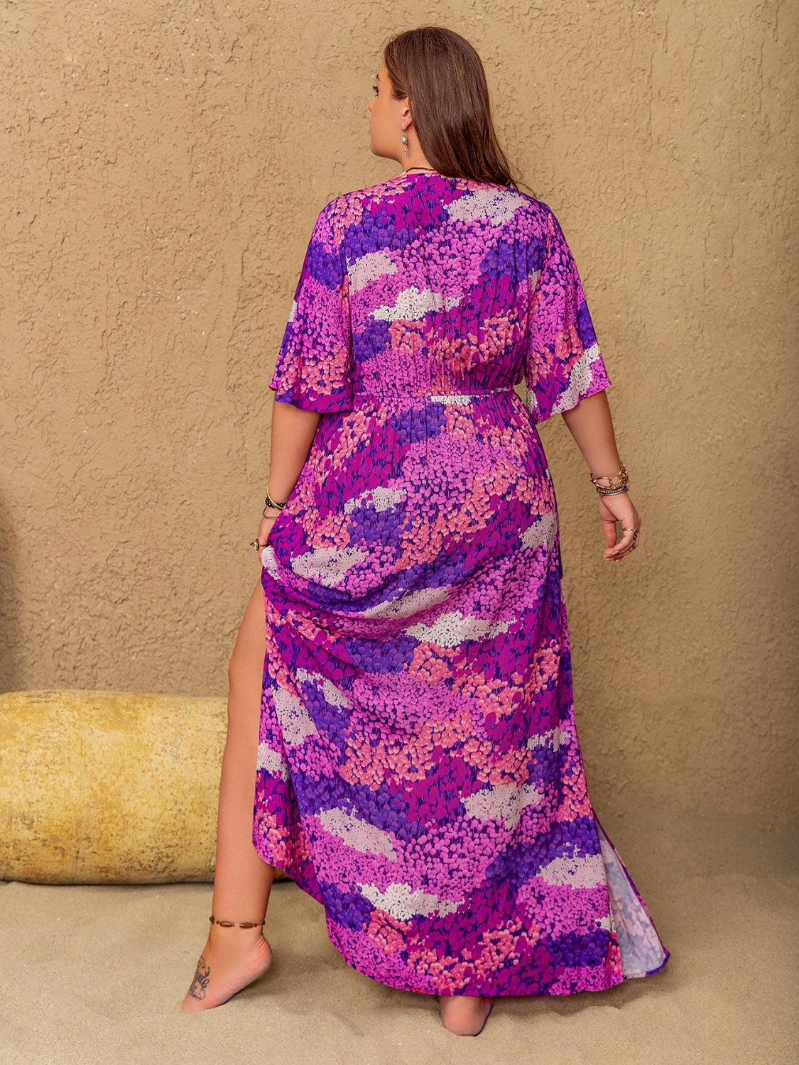 Plus Size Slit Printed Half Sleeve Maxi Dress