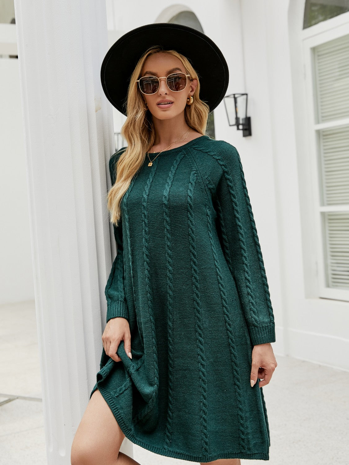 Cable-Knit Long Sleeve Sweater Dress - felvior