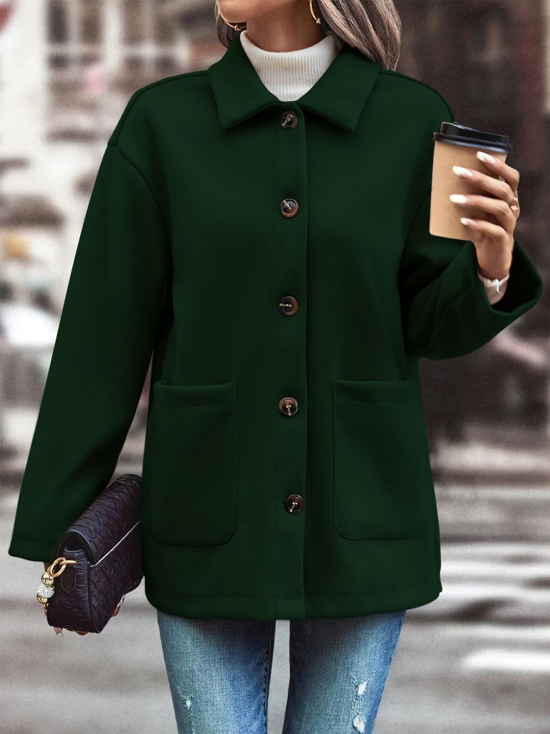 Pocketed Collared Neck Button Up Jacket - felvior