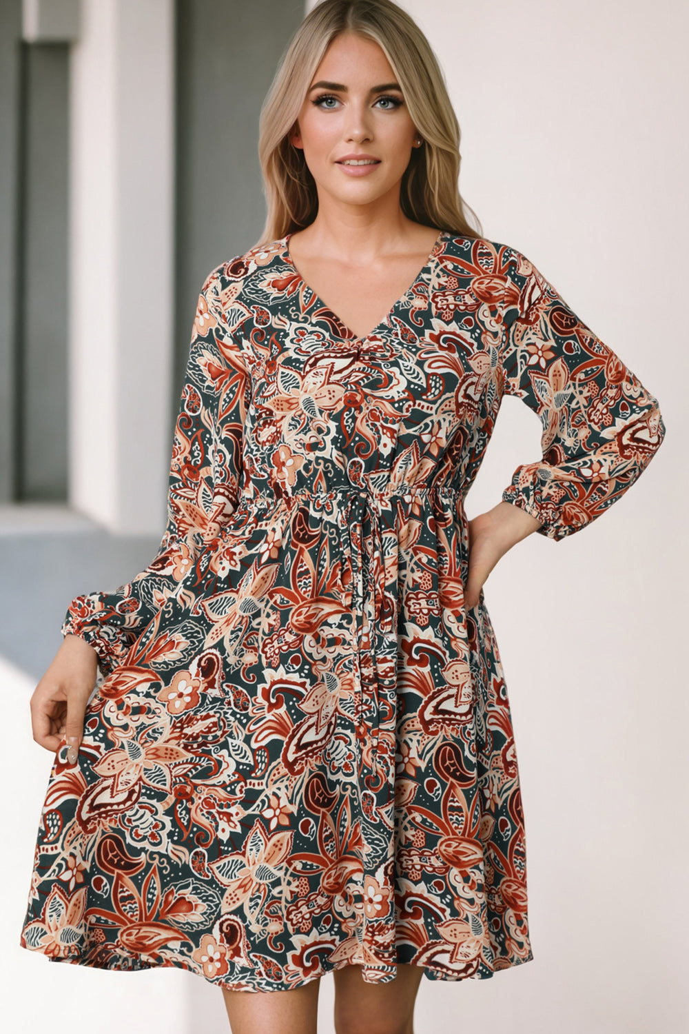 Printed V-Neck Mini Dress - felvior