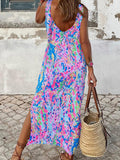 Slit Printed Wide Strap Midi Dress - felvior