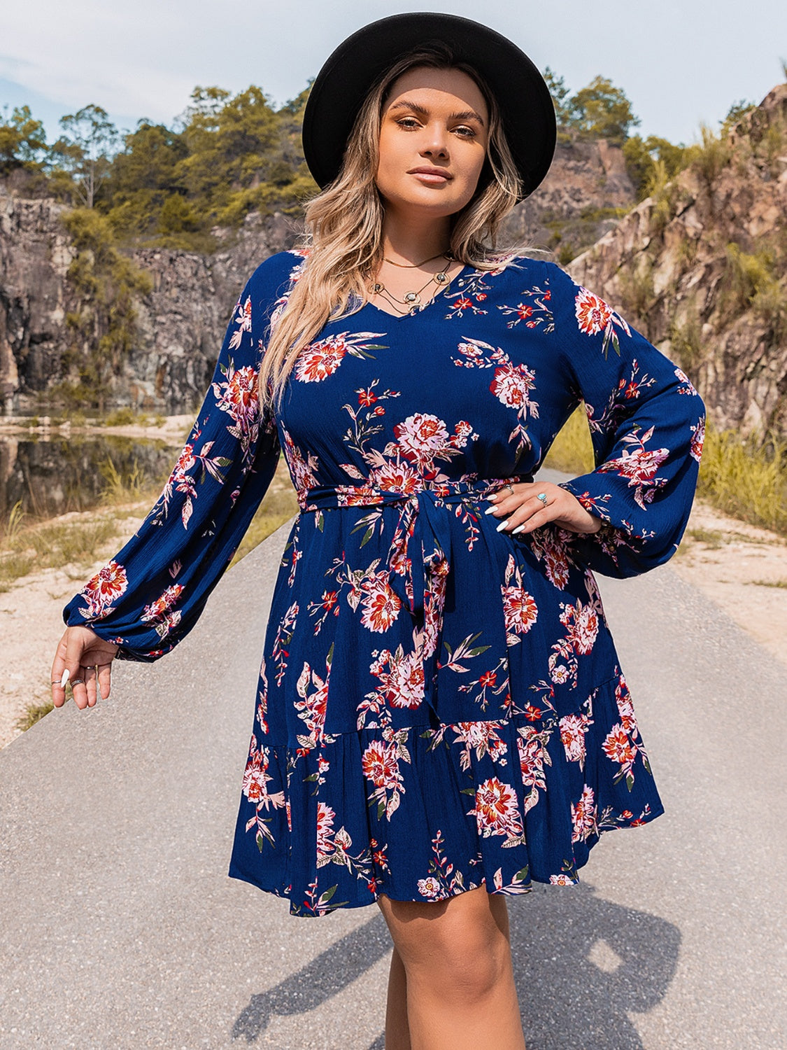 Plus Size V-Neck Long Sleeve Dress - felvior