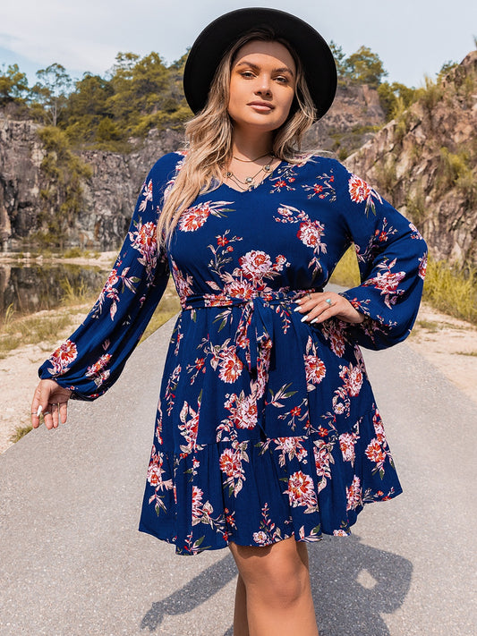 Plus Size V-Neck Long Sleeve Dress - felvior
