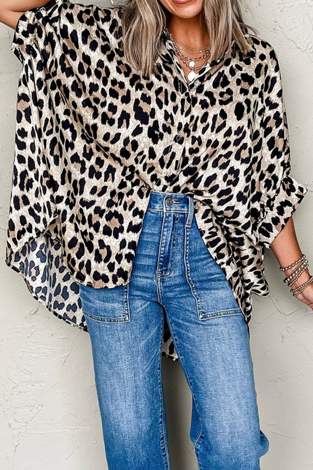 Leopard Print Buttoned 3/4 Sleeve Loose Fit Shirt