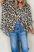 Leopard Print Buttoned 3/4 Sleeve Loose Fit Shirt