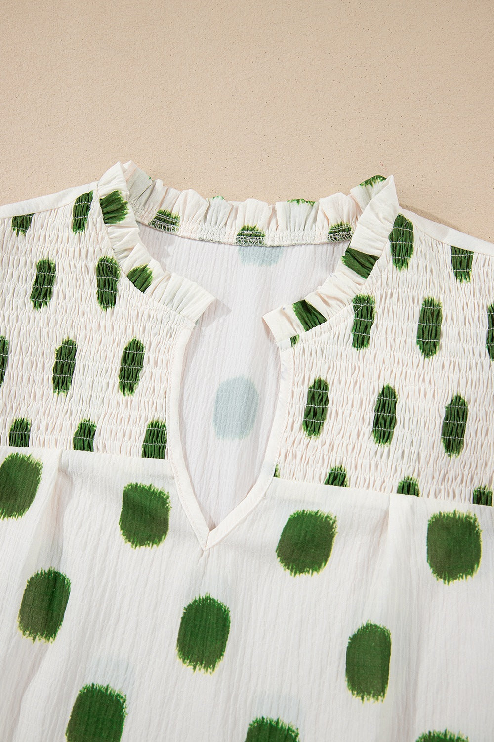 Polka Dot Shirred Yoke Notched Neck Puff Sleeve Blouse - felvior