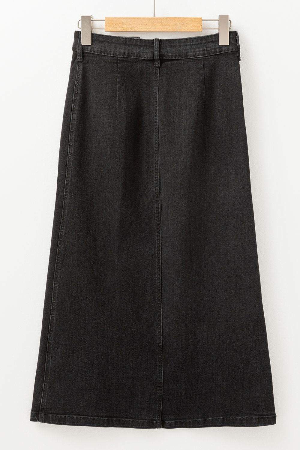 Button Fly Side Split Denim Midi Skirt
