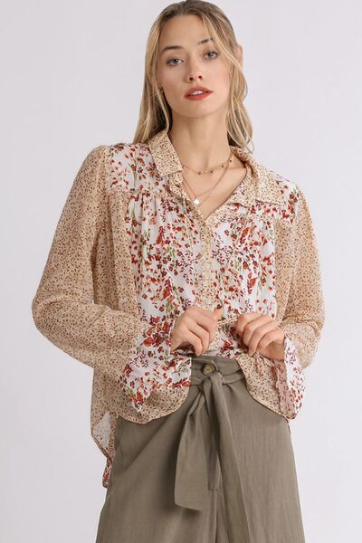 Umgee Full Size Mixed Print Metallic Detail Long Ruffle Sleeve Button Down Shirt Plus Size - felvior