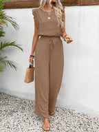 Lace Trim Round Neck Top and Pants Set