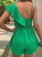 Smocked Back Asymmetrical Ruffled Romper