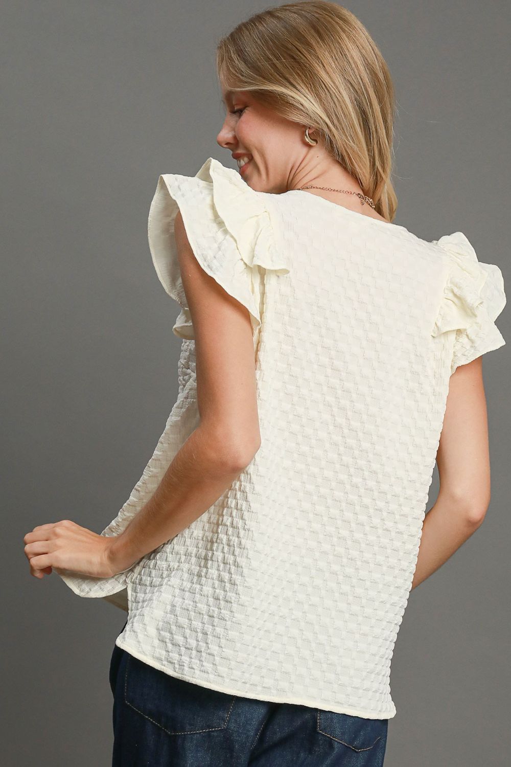 Umgee Full Size Textured Jacquard V-Neck Ruffle Cap Sleeve Blouse Plus Size Secondary image