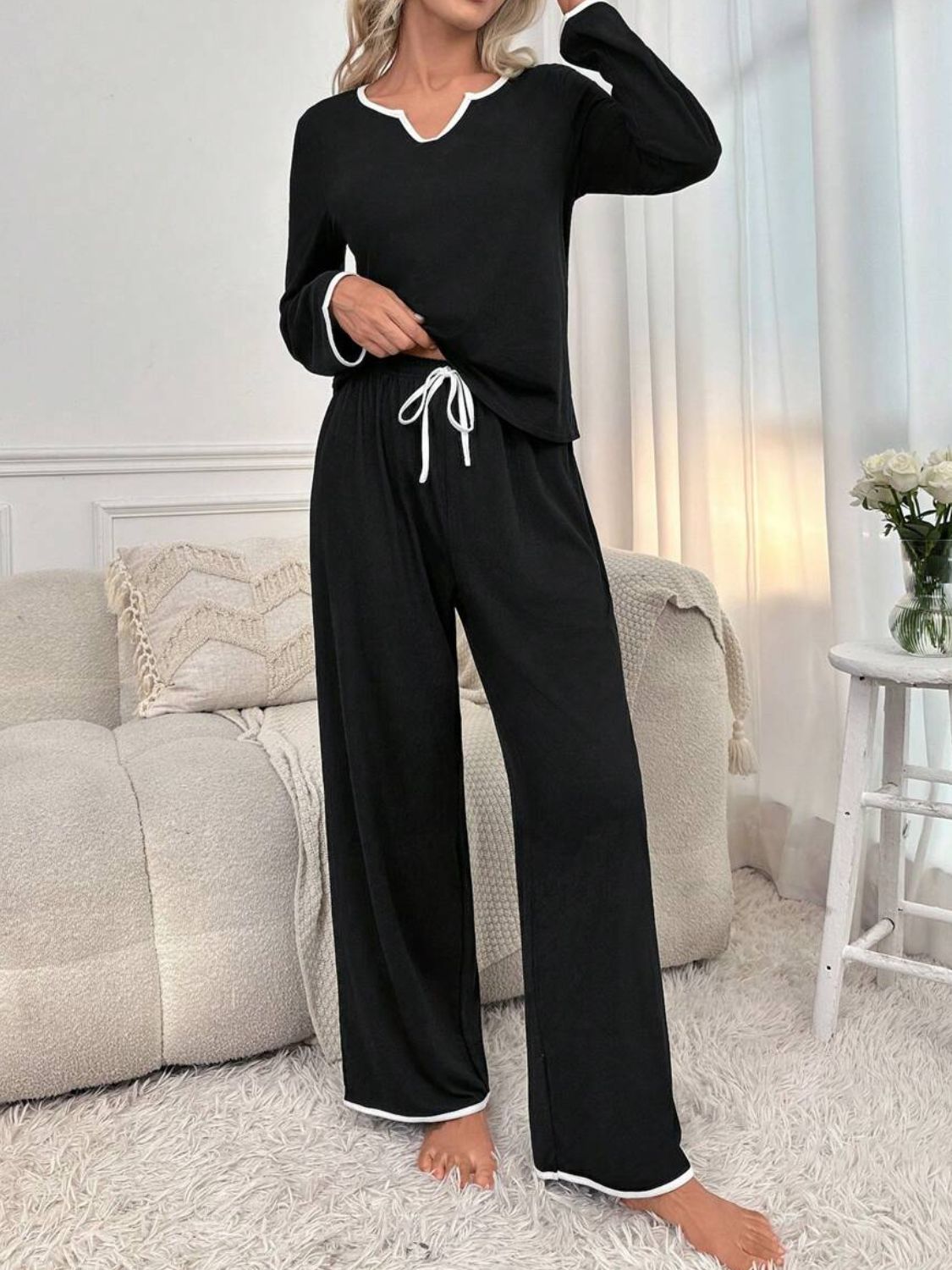 Contrast Trim Notched Long Sleeve Top and Pants Lounge Set - felvior