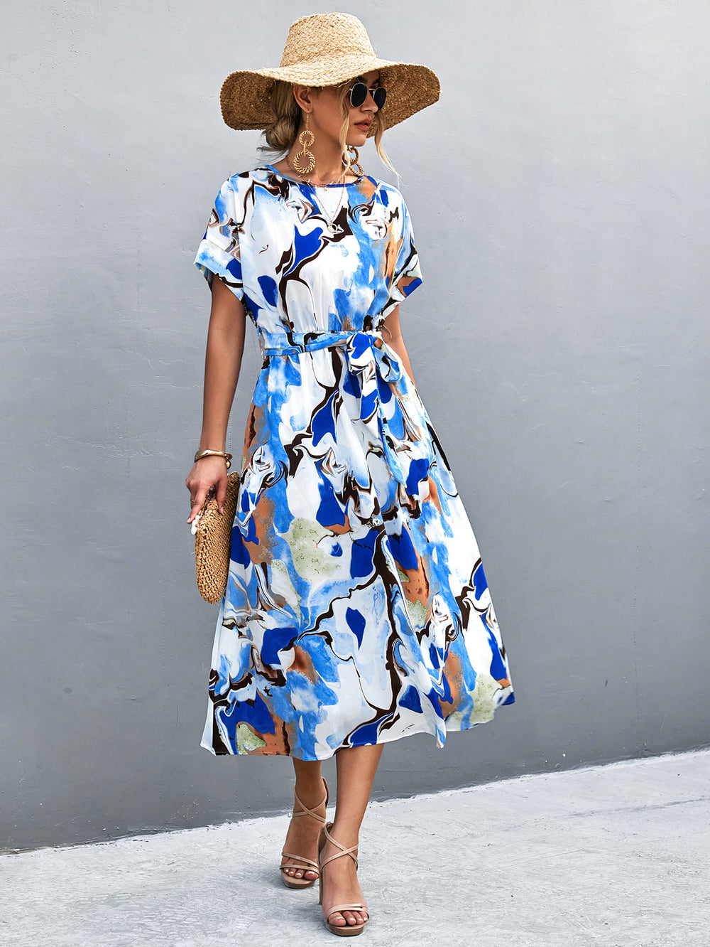 Round Neck Short Sleeve Tie Waist Midi Dress - felvior