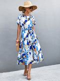 Round Neck Short Sleeve Tie Waist Midi Dress - felvior