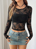 Round Neck Long Sleeve Lace Sheer Top - felvior