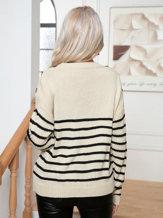 Striped Round Neck Cable-Knit Sweater - felvior