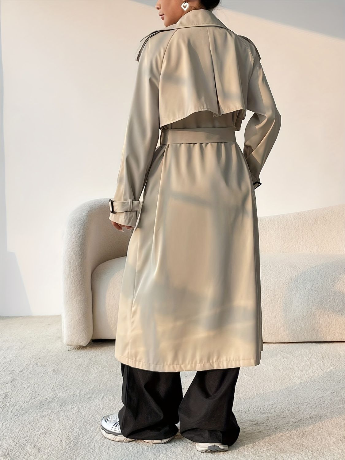 Collared Neck Long Sleeve Longline Trench Coat - felvior