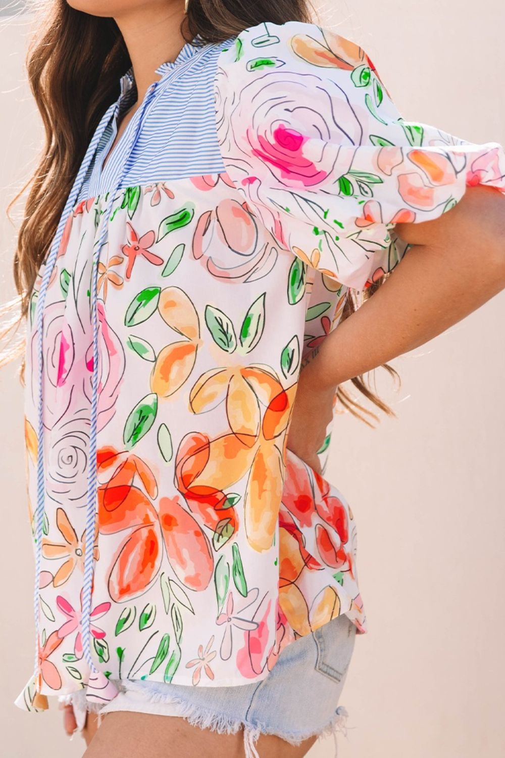 Floral Striped Yoke Frilled Tie Neck Puff Short Sleeve Blouse - felvior