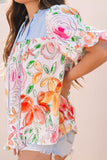 Floral Striped Yoke Frilled Tie Neck Puff Short Sleeve Blouse - felvior
