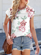 Printed Round Neck Cap Sleeve Top