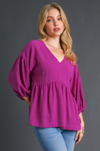 Umgee Full Size V-Neck Puffed 3/4 Sleeve Babydoll Blouse Plus Size